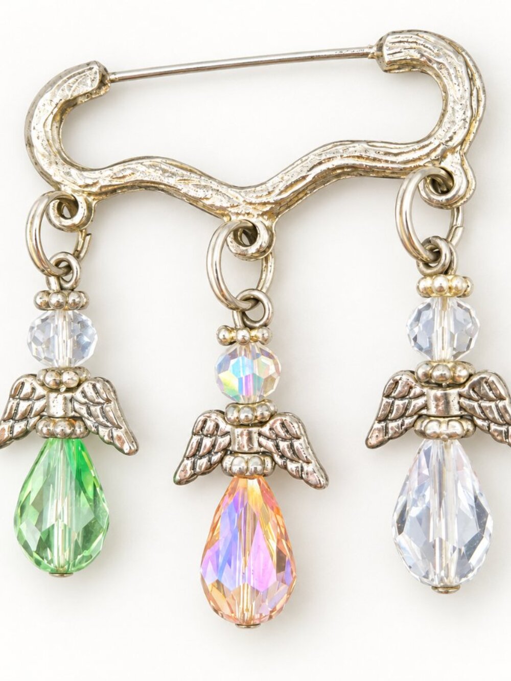 Silver Tone Three Angel Crystal Bead Brooch